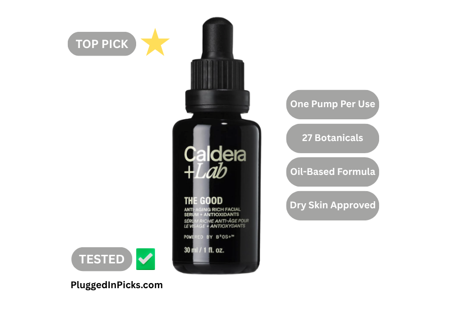 Caldera + Lab The Good 30ml anti-aging face serum bottle with dropper showing oil-based botanical formula