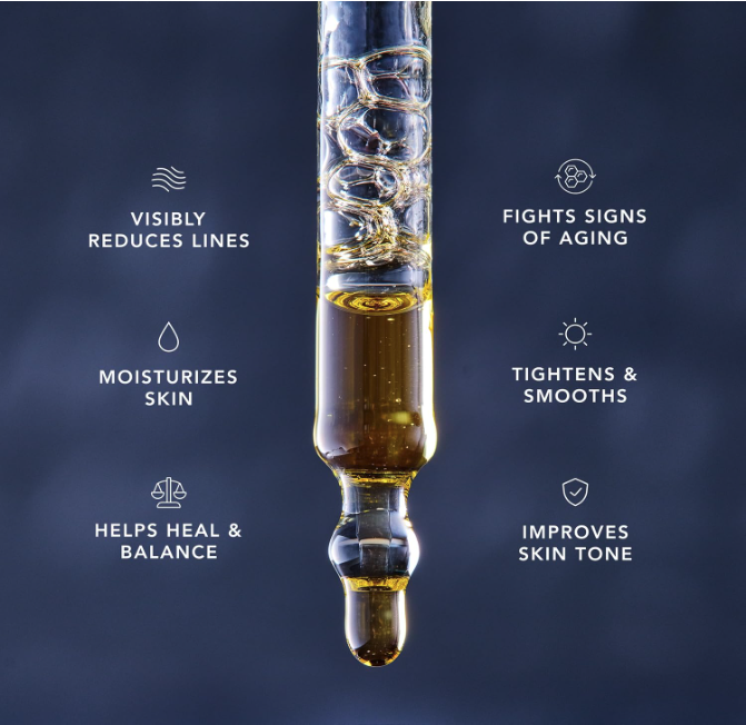Dropper image of Caldera + Lab The Good serum highlighting benefits such as reducing lines, moisturizing skin, fighting signs of aging, tightening, smoothing, and improving skin tone