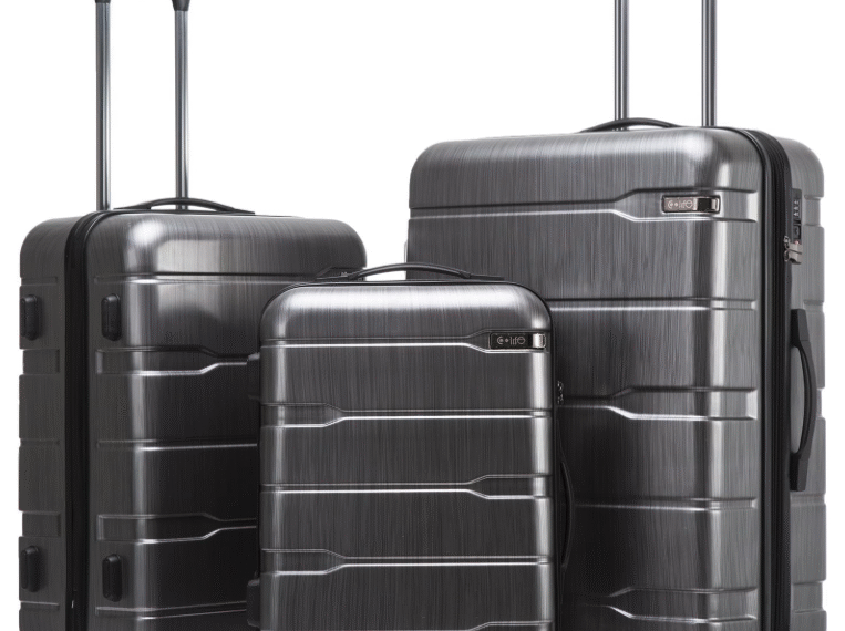 Coolife luggage 3-piece expandable set in charcoal, featuring 20, 24, and 28 inch suitcases with spinner wheels.