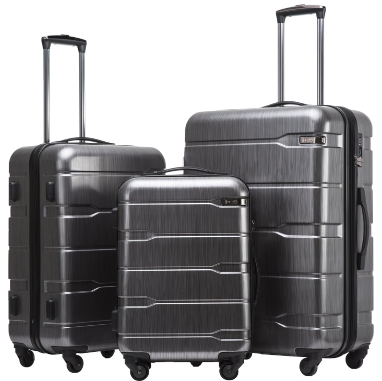 Coolife luggage 3-piece expandable set in charcoal, featuring 20, 24, and 28 inch suitcases with spinner wheels.