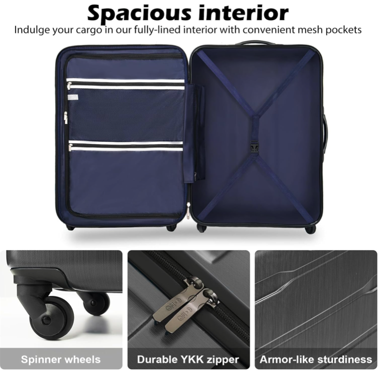 Spacious interior of Coolife luggage with lined compartments, mesh pockets, and cross straps.