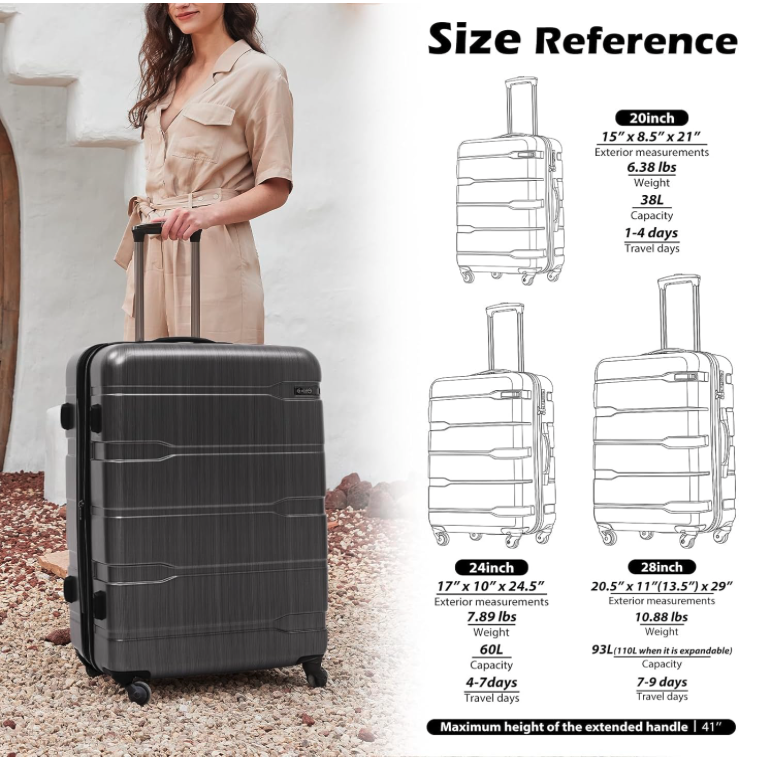 Coolife luggage size chart showing 20, 24, and 28 inch dimensions, weights, and travel day capacity.