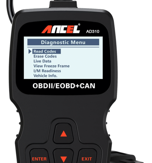 ANCEL AD310 OBD2 scanner displaying diagnostic menu for reading and clearing engine codes