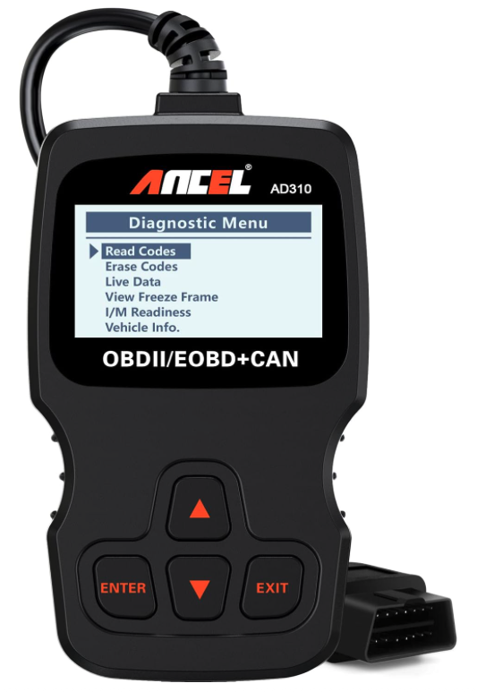 ANCEL AD310 OBD2 scanner displaying diagnostic menu for reading and clearing engine codes
