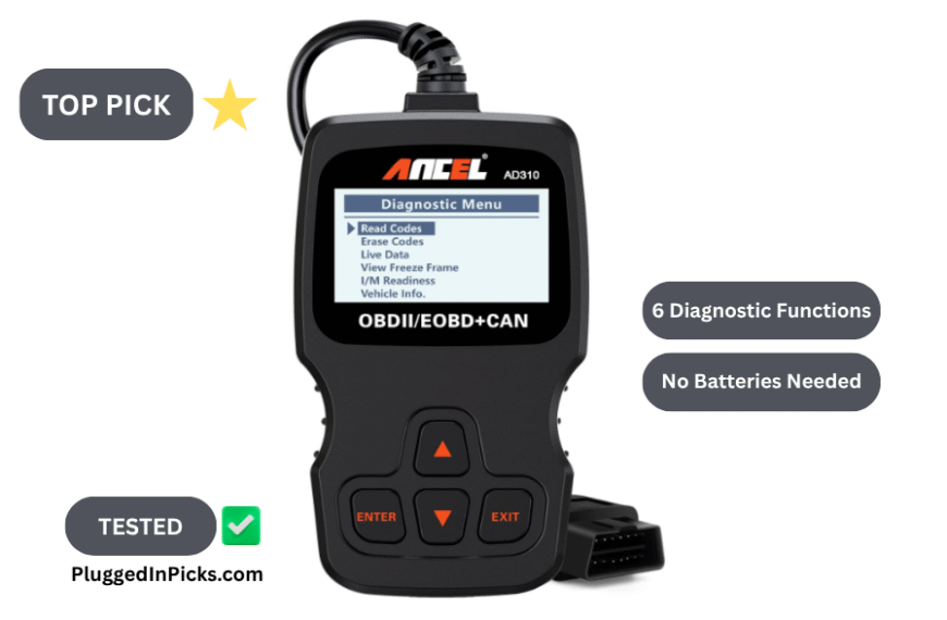 ANCEL AD310 OBD2 scanner diagnostic menu showing read codes erase codes live data freeze frame and I/M readiness functions