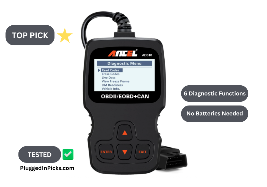 ANCEL AD310 OBD2 scanner diagnostic menu showing read codes erase codes live data freeze frame and I/M readiness functions