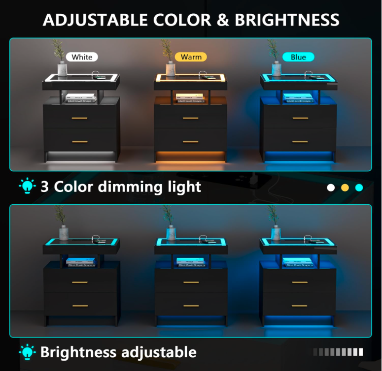JDPAG LED nightstand with three adjustable light colors—white, warm, and blue—showing brightness control levels.