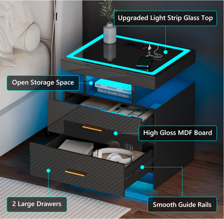 JDPAG LED nightstand with open drawers, high-gloss MDF board, glass lighting top, and organized storage space.