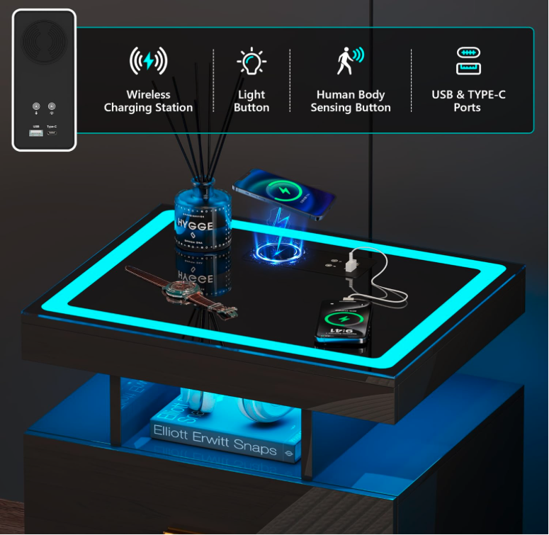 Close-up of JDPAG nightstand top panel showing wireless charger, USB Type-C ports, and sensor light controls.