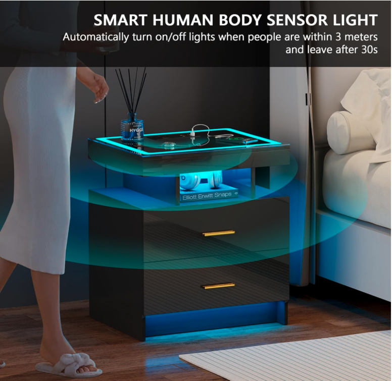 JDPAG LED nightstand automatically illuminating with motion sensor light when user approaches bedside.