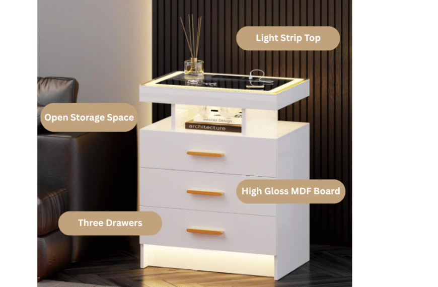 JDPAG smart nightstand with LED lighting and wireless charging station in white bedroom setting
