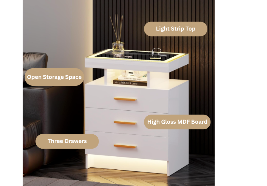 JDPAG smart nightstand with LED lighting and wireless charging station in white bedroom setting