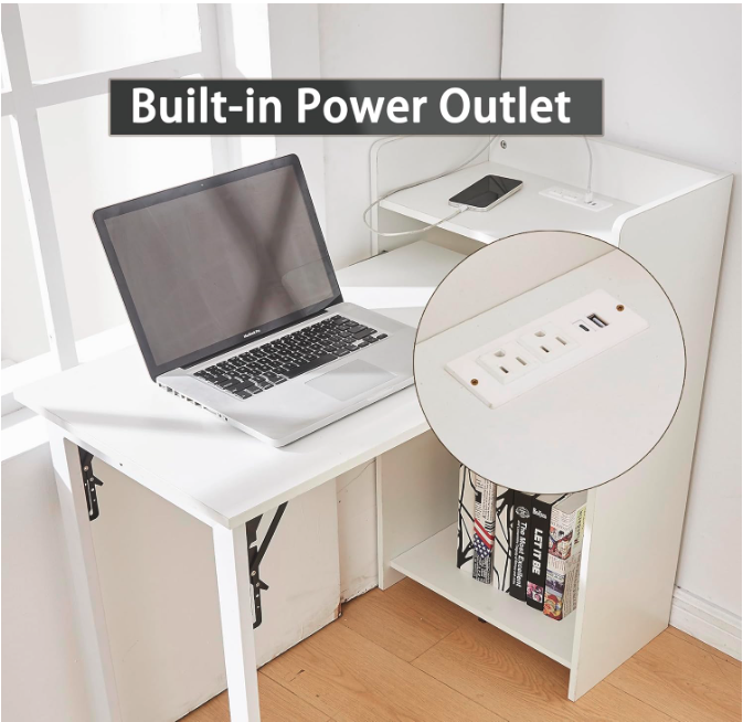 Close-up of built-in power outlet with USB and Type-C ports on the foldable desk.