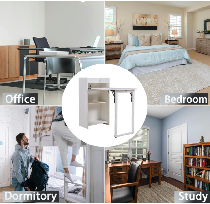 Foldable desk shown in multiple room environments including office, bedroom, dorm, and study.