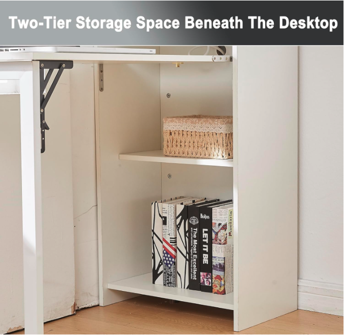 Two-tier storage shelves underneath the foldable desk for books and baskets.