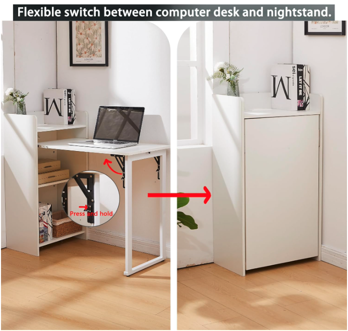 Foldable desk shown open and folded into a compact nightstand configuration.