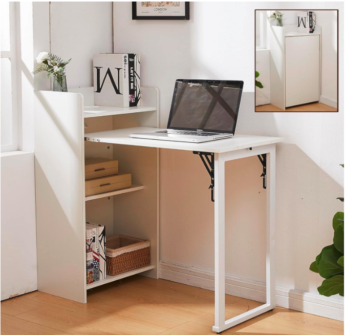 Foldable white desk opened in workspace setup with laptop and built-in shelves.