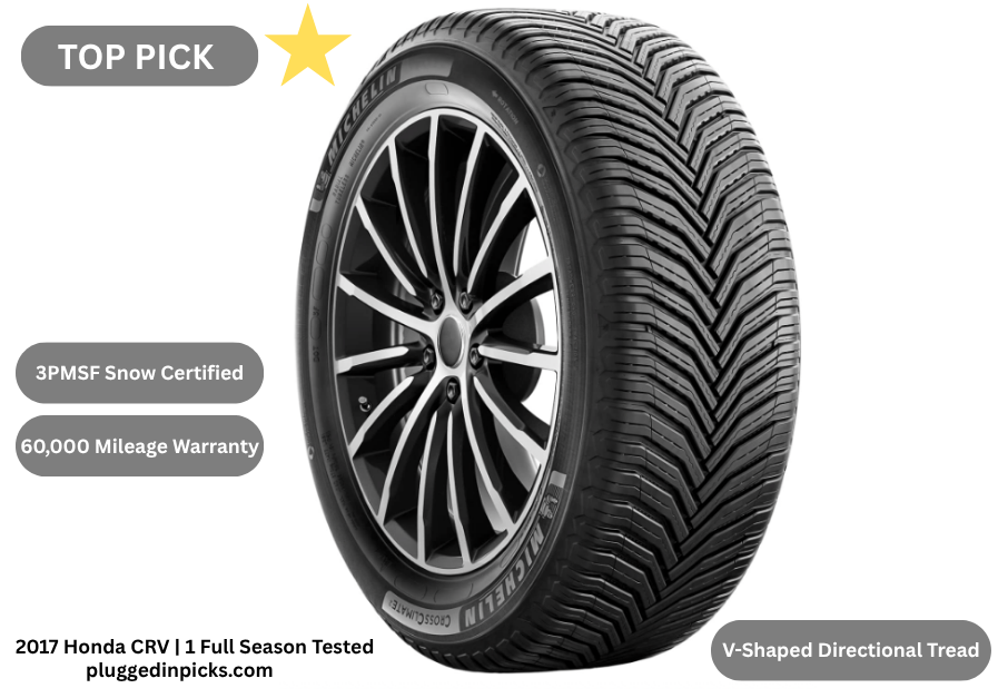 Michelin CrossClimate 2 all-season tire showing V-shaped directional tread pattern rated for snow and wet road performance