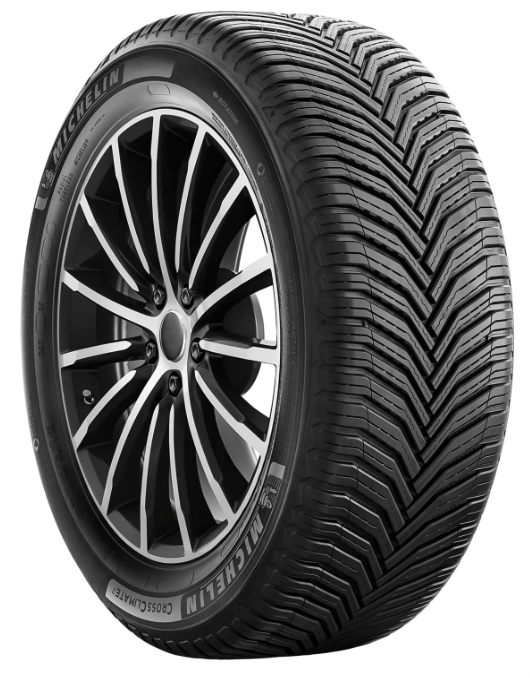 MICHELIN CrossClimate2 all-season tire shown at an angled view with directional V-shaped tread and alloy wheel.
