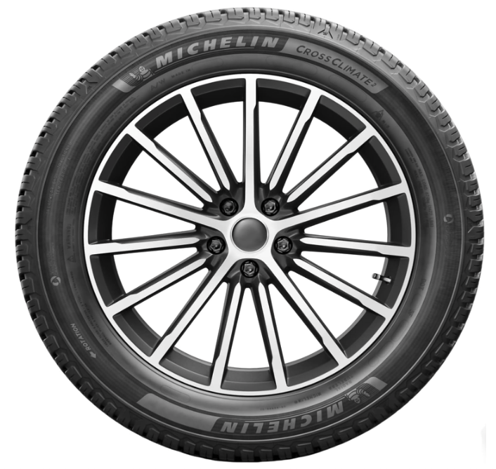 Side profile image of the MICHELIN CrossClimate2 tire mounted on a multi-spoke alloy wheel.
