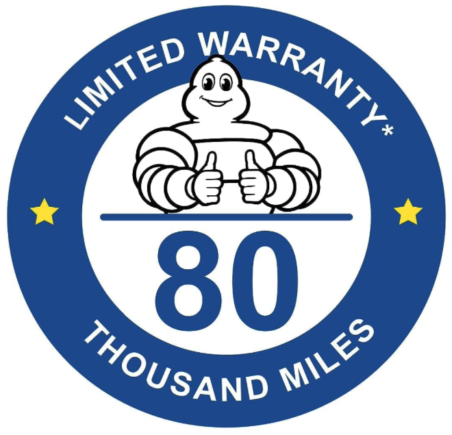 Michelin Defender 2 tire 80,000-mile limited warranty badge featuring the Michelin Man logo