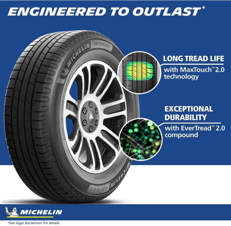 Michelin Defender2 tire graphic highlighting MaxTouch 2.0 and EverTread 2.0 durability technologies