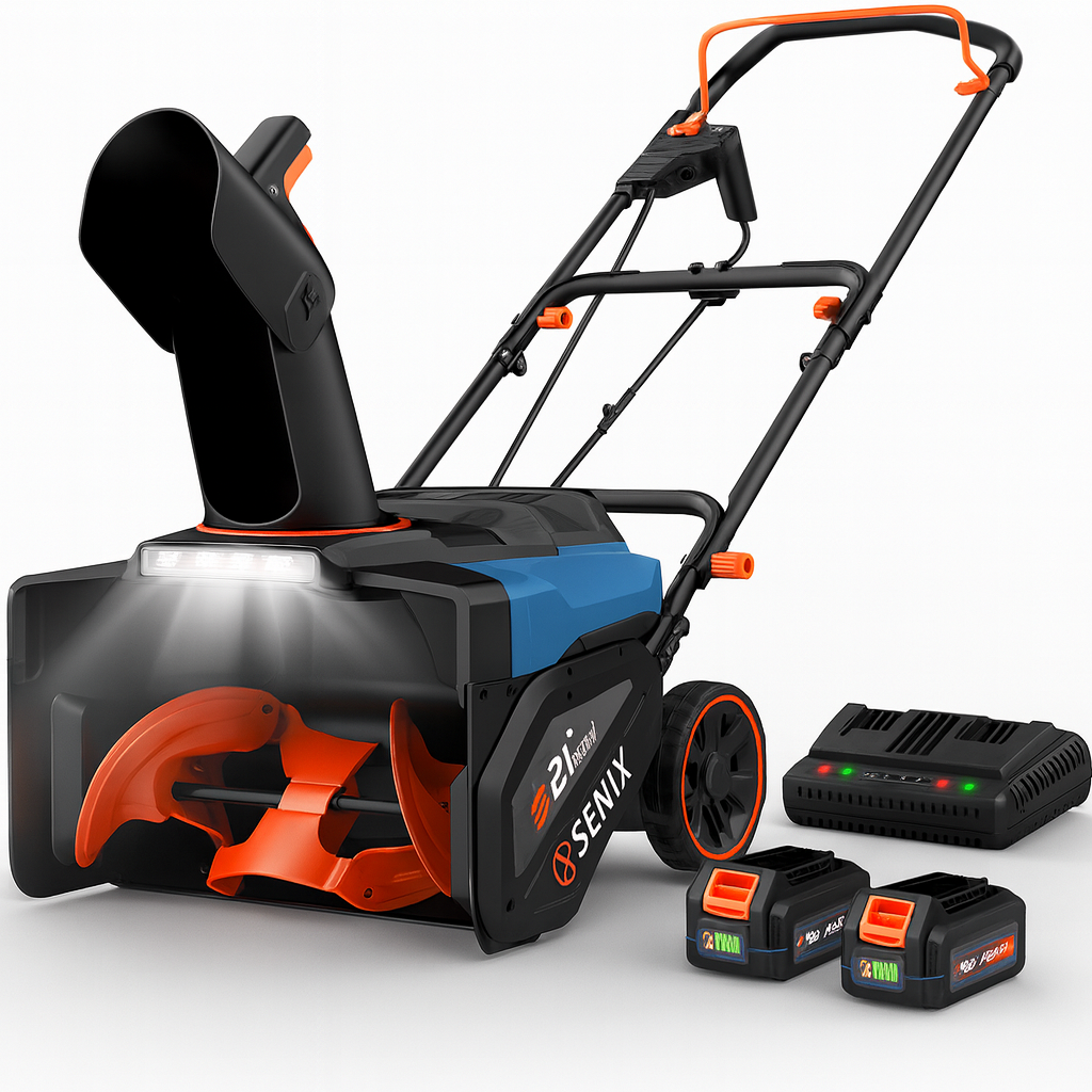 Battery-powered SENIX 21-inch cordless snow blower with LED headlights, dual 40V batteries, steel auger, and fast charger displayed on a white background.