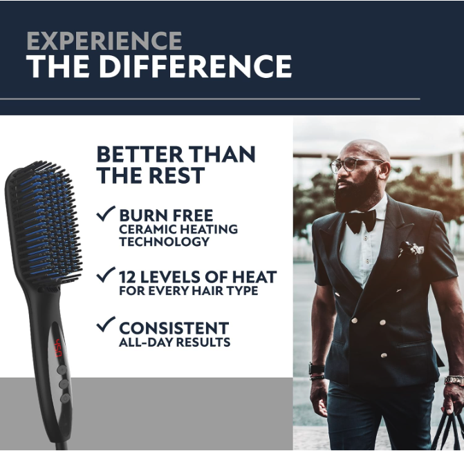Arkam beard straightener with ceramic heating technology and 12 adjustable heat levels for smooth results.