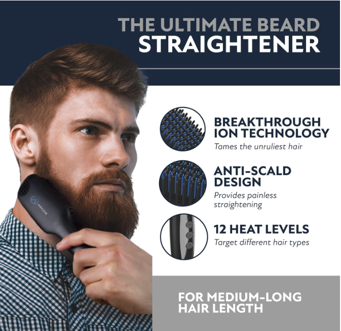 Man using Arkam beard straightener featuring ion technology, anti-scald design, and 12 heat levels.
