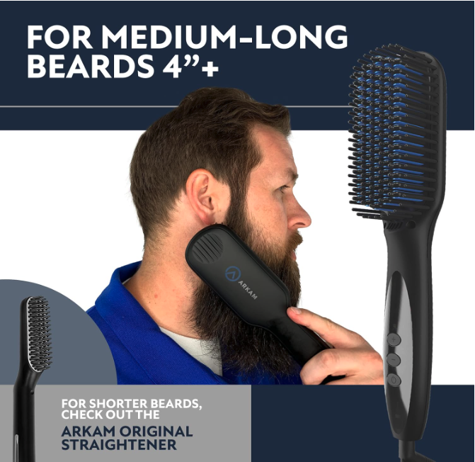 Arkam beard straightener being used on a medium-long beard, designed for lengths over four inches.
