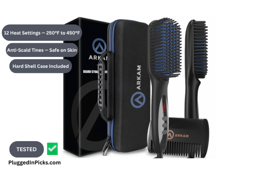 Arkam Premium Beard Straightener kit with hard shell travel case wooden comb and heated ionic brush with 12 heat settings and anti-scald design