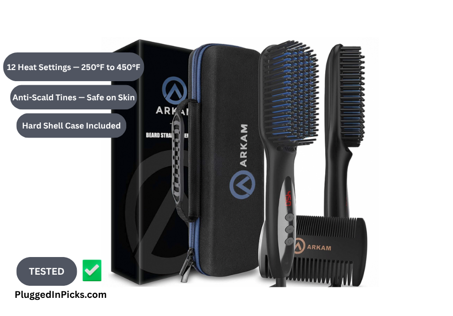 Arkam Premium Beard Straightener kit with hard shell travel case wooden comb and heated ionic brush with 12 heat settings and anti-scald design