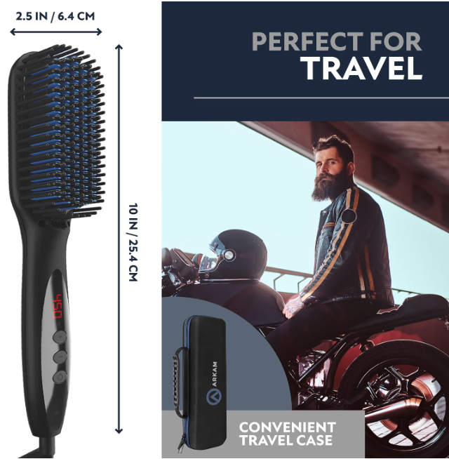 Arkam beard straightener with travel case, designed for easy grooming on the go, shown with a rider and motorcycle.