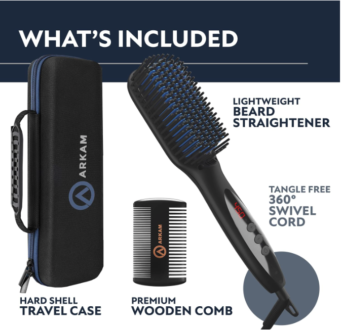 Arkam beard straightener kit including heated brush, premium wooden comb, and hard-shell travel case.