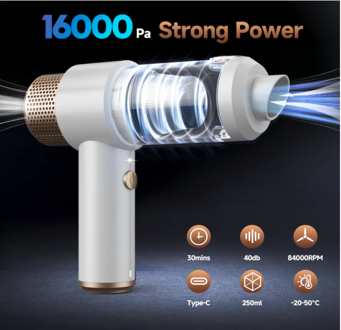 16000Pa strong suction Vizeusvac car vacuum graphic with airflow, RPM, runtime, and battery icons.