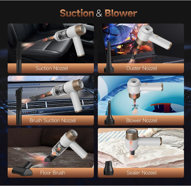 Suction and blower nozzles for the Vizeusvac cordless car vacuum, including brush, duster, floor, and sealer heads.