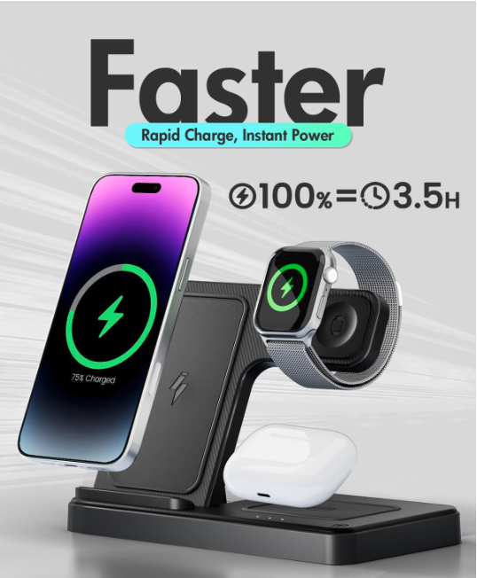GETPALS 3-in-1 charging stand showcasing rapid charge capability with estimate of charging an iPhone to 100 percent in about 3.5 hours