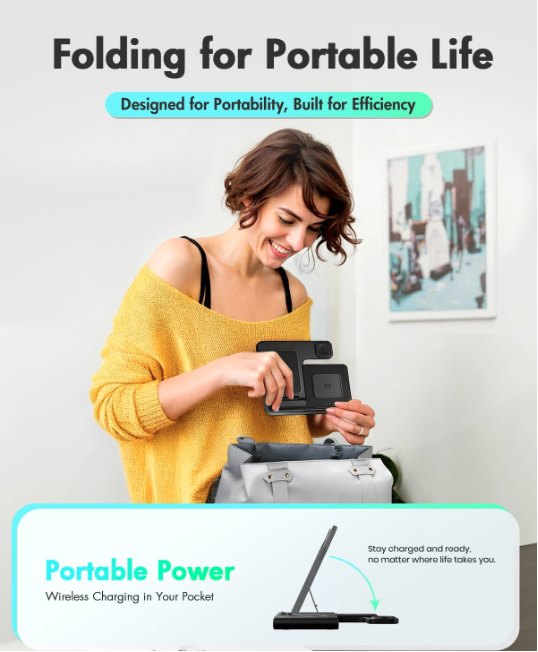 Lifestyle image showing a woman placing the foldable GETPALS 3-in-1 charger into a bag with text highlighting portable wireless charging