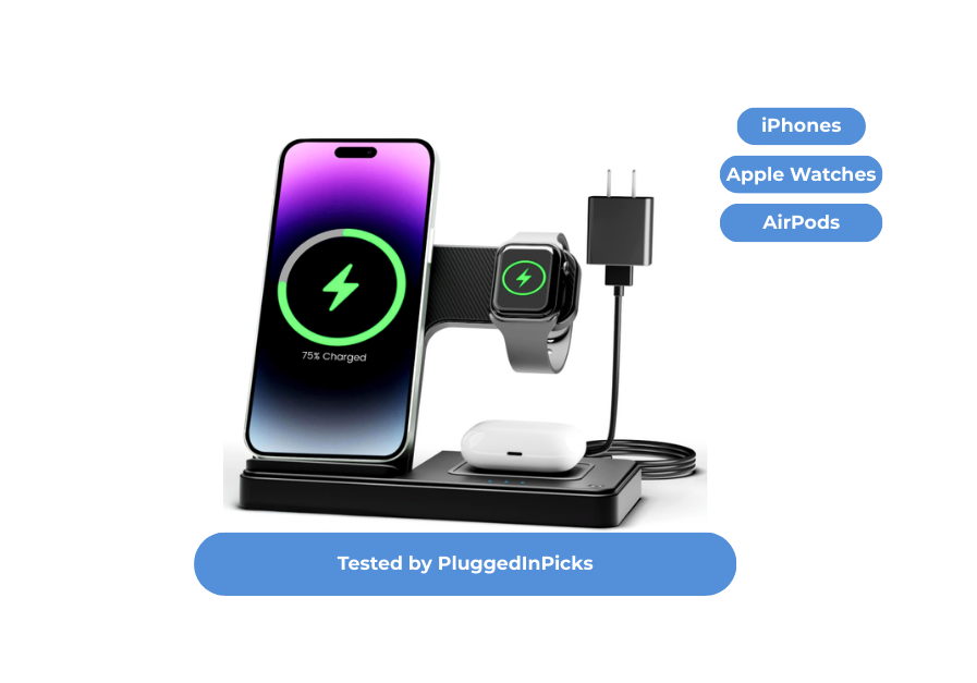 Getpals 3-in-1 wireless charging station simultaneously charging iPhone, Apple Watch, and AirPods with wall adapter included — tested by PluggedInPicks