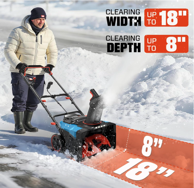 Man using the SENIX 40V cordless snow blower to clear an 18-inch wide, 8-inch deep path of snow, demonstrating its clearing capacity.