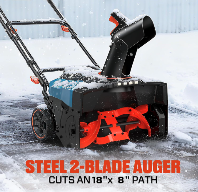 Close-up of the SENIX 40V cordless snow blower’s steel 2-blade auger cutting an 18-inch by 8-inch snow path on an icy driveway.