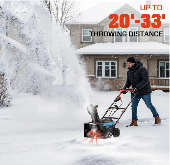 The SENIX 40V cordless snow blower throwing snow up to 20–33 feet as a user clears a snowy driveway in front of a home.