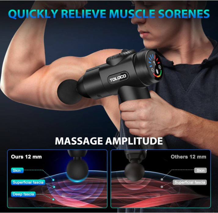 Toloco EM26 massage gun showcasing 12 mm amplitude for muscle soreness and deep fascia relief.
