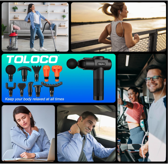 Collage showing Toloco massage gun used for fitness recovery, daily tension relief, driving fatigue, and office posture strain.