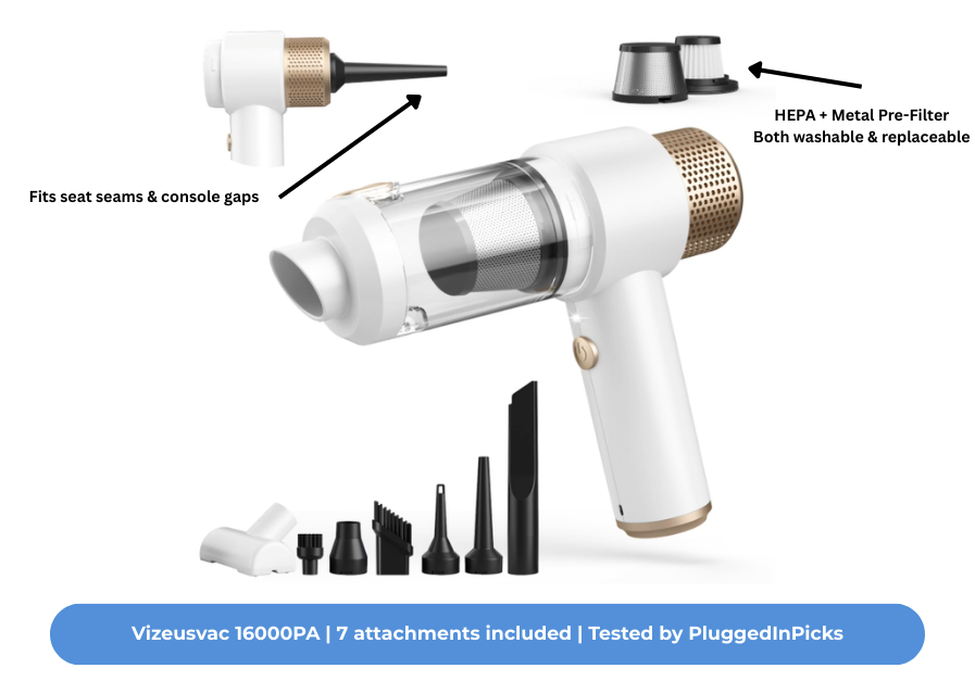 Vizeusvac 16000PA cordless car vacuum with all 7 attachments including crevice tool, brush head, and flat nozzle, plus washable HEPA and metal pre-filter — tested by PluggedInPicks