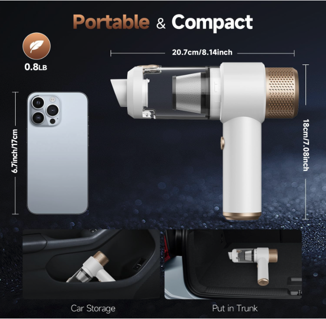 Portable Vizeusvac cordless car vacuum showing compact size, 0.8 lb weight, and car storage examples.