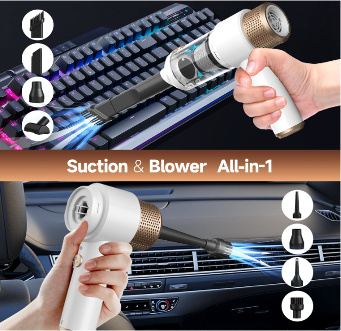 Vizeusvac handheld vacuum used as both a suction cleaner and blower for keyboards and car interiors.