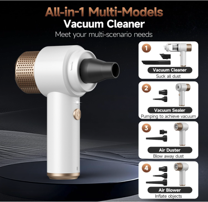 Vizeusvac 4-in-1 multifunction vacuum showing vacuum cleaner, sealer, air duster, and air blower modes.