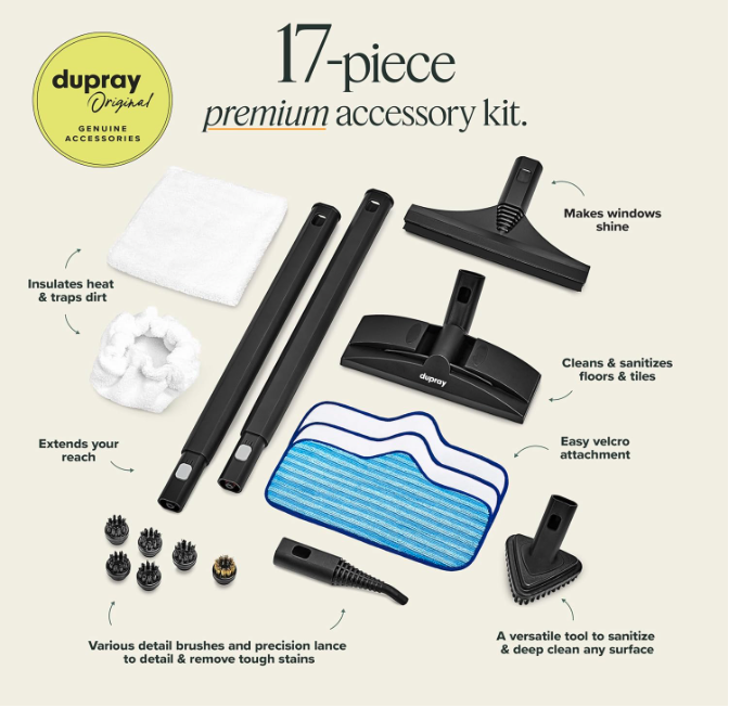 Dupray Neat Steam Cleaner 17-piece premium accessory kit with extension tubes, brushes, pads, and cleaning tools.