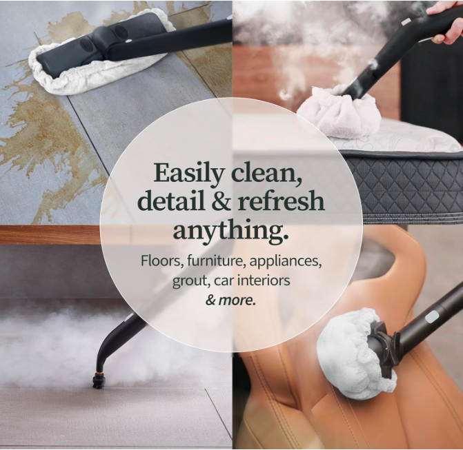 Dupray Neat Steam Cleaner refreshing floors, furniture, appliances, grout, and car interiors with high heat steam.